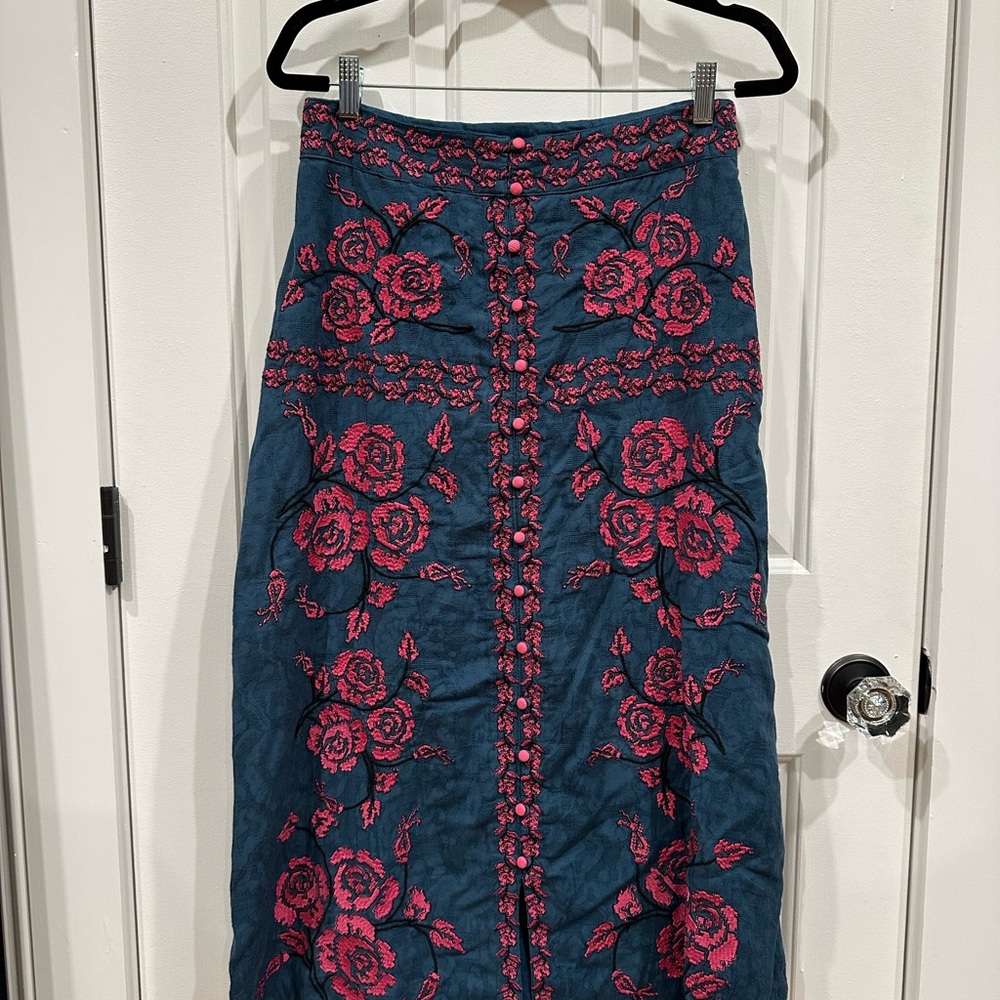 Anthropologie A-Line Midi Skirt - Teal and Magenta Floral